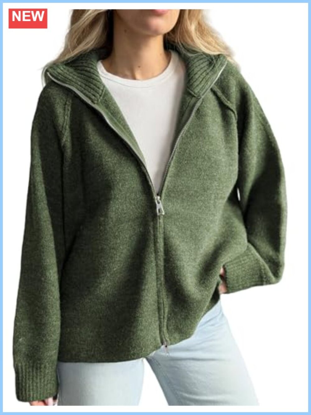 Womens Zip Cardigan Long Sleeve Collared Chunky Ribbed Knit Sweater
